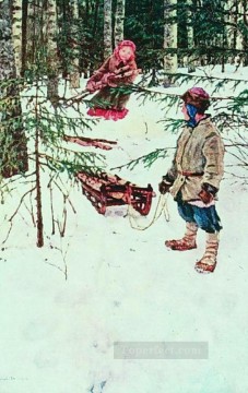 印象派 Painting - 冬 ニコライ・ボグダノフ ベルスキー 子供 印象派